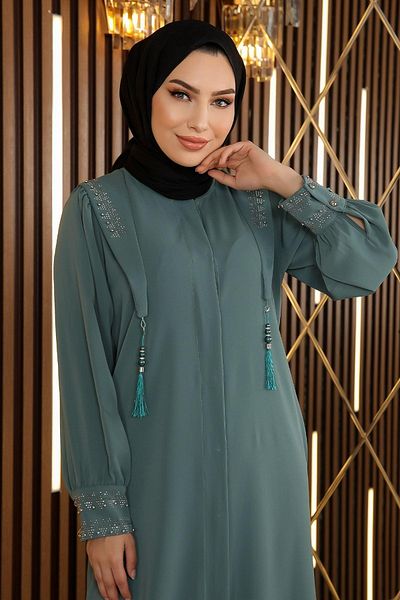 Modamihram Hidden Button Tasseled Abaya Mint 12254