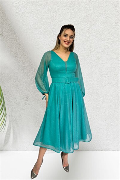 fevzuss Ice Blue Kemer Detay Midi Boy Abiye