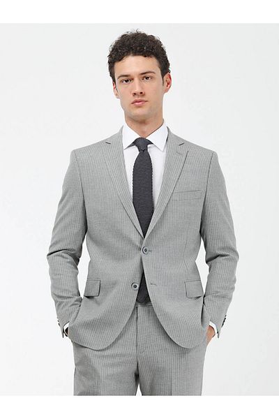 Kip Gray Striped Double Slit Mono Collar Regular Fit 4 Drop Suit