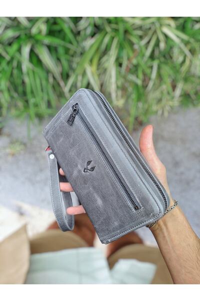 VİSSO 454 Hakiki Deri Fermuarlı Çok Para Bölmeli Elde Taşınabilen Kadın Erkek El Çantası