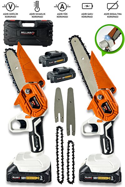 Millian 58 V 5 Ah 10-15 cm Uzun Kısa Pala Ve Zincir 2x Akü Çantalı Şarjlı Dal...