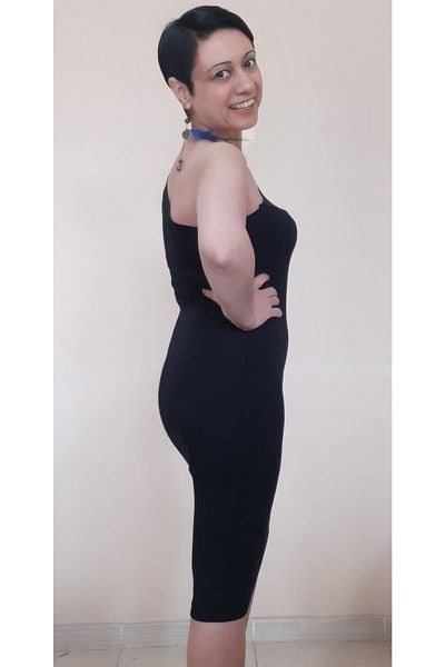 Mertcan Butik Black One Shoulder Open Single Sleeve Below the Knee Combed Cotton Viscose Pencil Dress