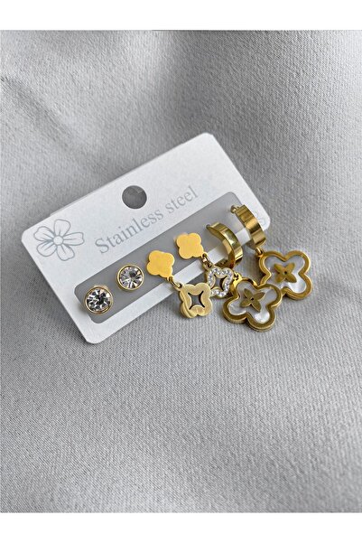 GP TAKI AKSESUAR Çoklu Çelik Küpe Yoncalı