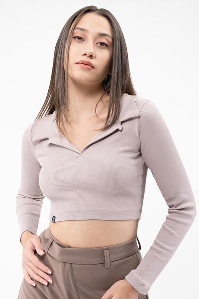 Soyo Γυναικεία Μπεζ γιακά Πόλο Πλεκτή Μπλούζα Crop