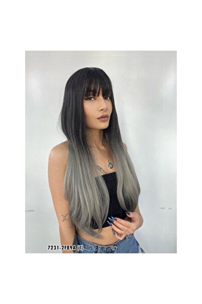 Suzan Peruk Düz Perçemli Uzun Fiber Sentetik Peruk - Siyah / Gri Ombreli