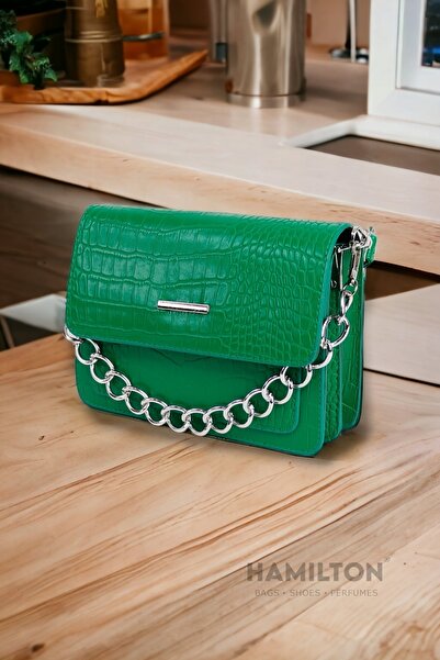 HAMILTON Original Women's Adjustable Cross Strap Leather Textured Chain Detailed Covered Stylish Shoulder Clutch Bag
