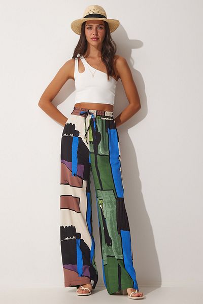 Happiness İstanbul Pantaloni largi din viscoză de vară, verzi, maro, cu model MX00089