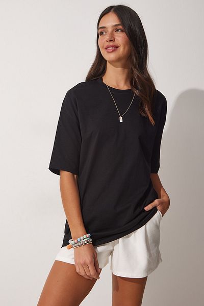 Happiness İstanbul Women's Black Crew Neck Oversize T-Shirt QU00006