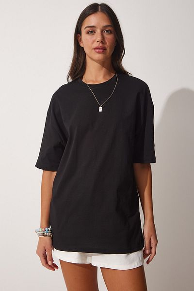 Happiness İstanbul Women's Black Crew Neck Oversize T-Shirt QU00006