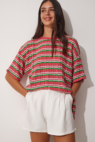 Happiness İstanbul Női sötét rózsaszín csíkos áttört kötöttáru blúz UB00054