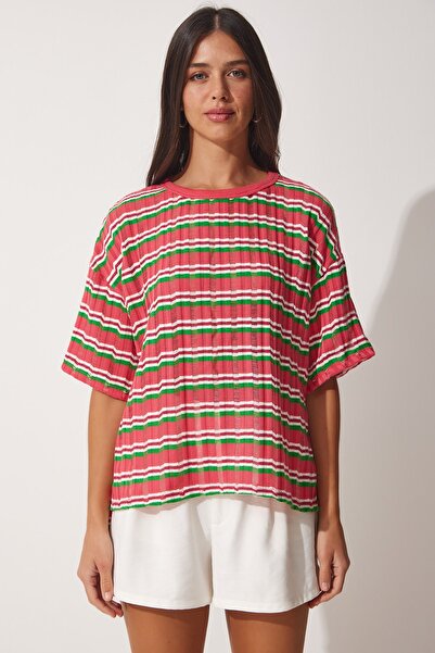 Happiness İstanbul Női sötét rózsaszín csíkos áttört kötöttáru blúz UB00054