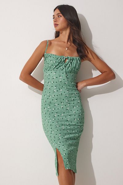 Happiness İstanbul Grünes Blumenmuster für Damen mit gerafftem Kragen, Sommer-Strickkleid FF00124