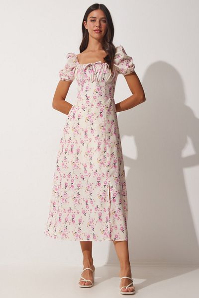 Happiness İstanbul Cremefarbenes Damen-Sommerkleid mit gerafftem Kragen und floraler Satinoberfläche FF00125