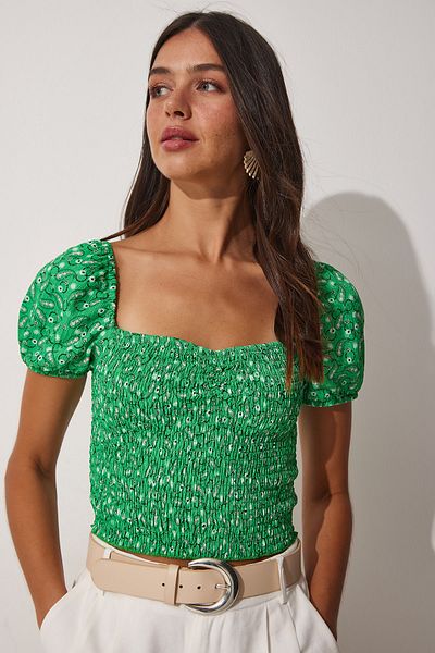 Happiness İstanbul Women's Green Floral Gathered Carmen Collar Crop Knitted UB00081