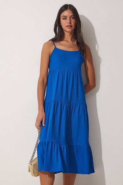 Happiness İstanbul Blaues Damen-Sommerstrickkleid mit Riemchen und Volant UB00077