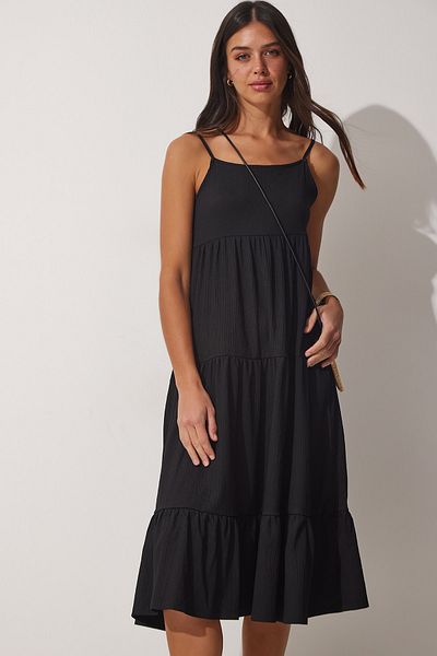 Happiness İstanbul Schwarzes Damen-Sommerstrickkleid mit Trägervolant und Volant UB00077