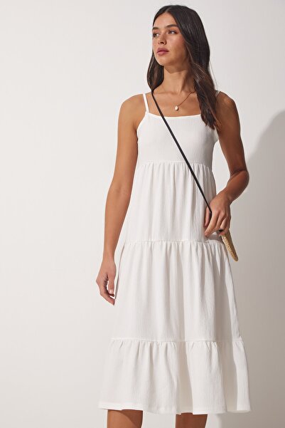 Happiness İstanbul Rochie tricotată de vară cu bretele albe pentru femei UB00077