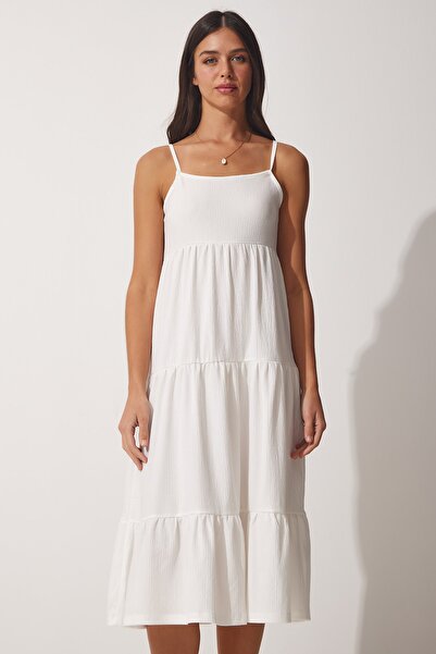 Happiness İstanbul Rochie tricotată de vară cu bretele albe pentru femei UB00077