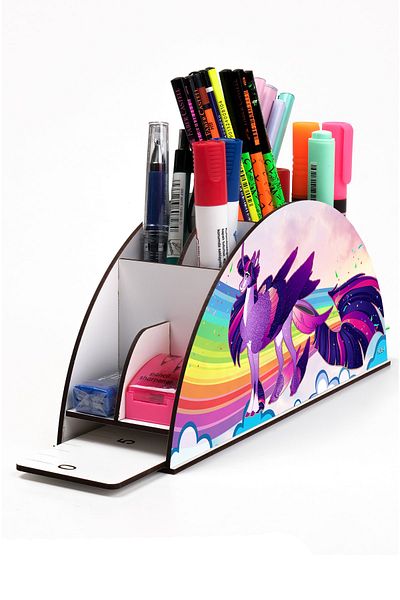 kutuTR حامل قلم مكتبي خشبي Vip Unicorn Series مع مسطرة قوس قزح منظم للأطفال في صندوق مجمع