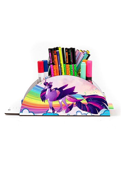 kutuTR حامل قلم مكتبي خشبي Vip Unicorn Series مع مسطرة قوس قزح منظم للأطفال في صندوق مجمع