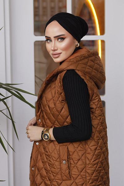 Minel Women's Tan Hooded Long Puffer Vest with Slit Detail