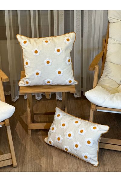 BUGİ HOME COLLECTİON 2-Piece Punch Embroidered Embroidered Flower Pattern Decorative Piping Throw Pillow Cover Poncho