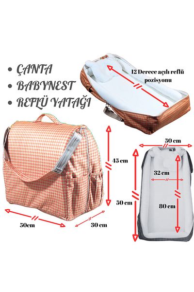 annebebektasarım Babynest with Bag, Baby Bag, Carrying Parent's Side Reflux Bed with Houndstooth Pattern