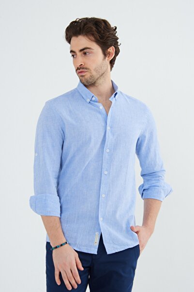 RAVANELLI Cămașă pentru bărbați cu mânecă lungă, cu nasturi, cu guler slimfit, albastru închis G574