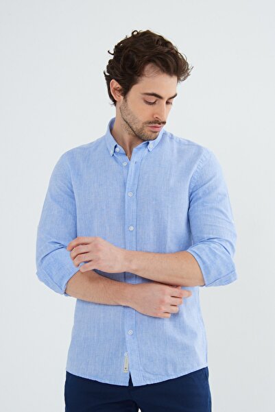 RAVANELLI Cămașă pentru bărbați cu mânecă lungă, cu nasturi, cu guler slimfit, albastru închis G574