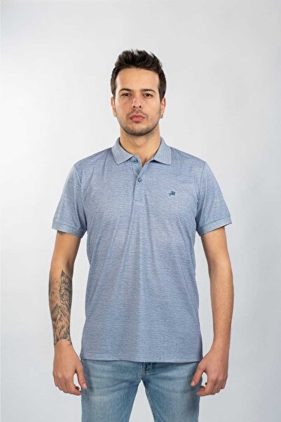 Moda Işık Темно-синя футболка з коміром-поло та цифровим принтом