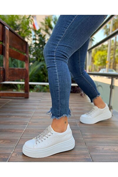 GNY AYAKKABI Kadın Taşlı Beyaz Spor Ayakkabı