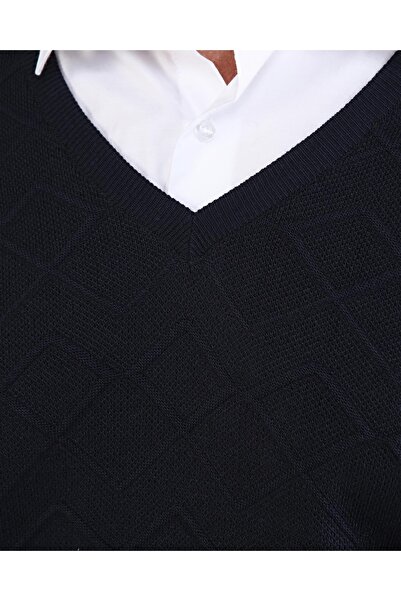Çizgi Triko Чоловічий трикотажний светр з V-подібним вирізом, синій, з візерунком на рукавах і талії, еластична стрічка, класичний крій
