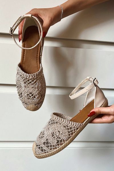 POLKA STORE Espadrille Luce de damă, piele nudă, bej, ecru, iuta, talpă, paie, cu dantelă