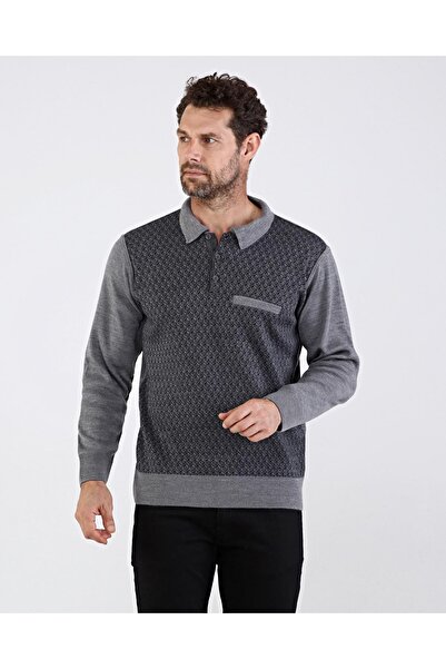 Çizgi Triko Чоловічий поло з коміром, сірий светр з візерунком, еластичні манжети та пояс, класичний крій