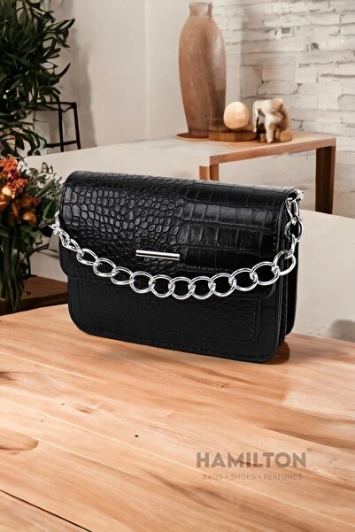 HAMILTON Original Women's Adjustable Cross Strap Leather Textured Chain Detailed Covered Stylish Shoulder Clutch Bag