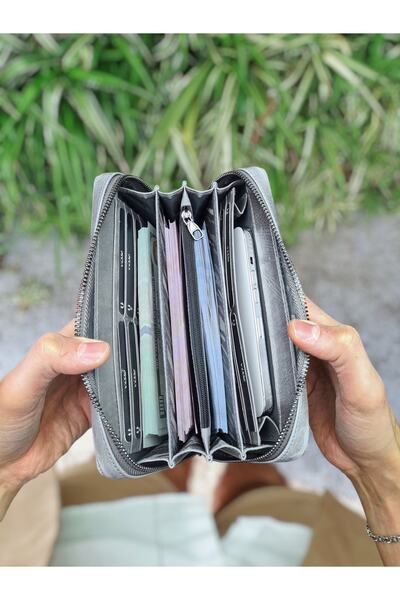 VİSSO 454 Hakiki Deri Fermuarlı Çok Para Bölmeli Elde Taşınabilen Kadın Erkek El Çantası