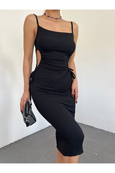 Fav Style Kadın Ince Askılı Yanları Pencere Dekolte Detaylı Bağlamalı Midi Elbise Siyah
