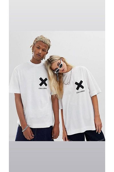 SELENA BUTİK Tricou alb oversize unisex X Collusion imprimat Pachet de 2 cadou combinat pentru îndrăgostiți