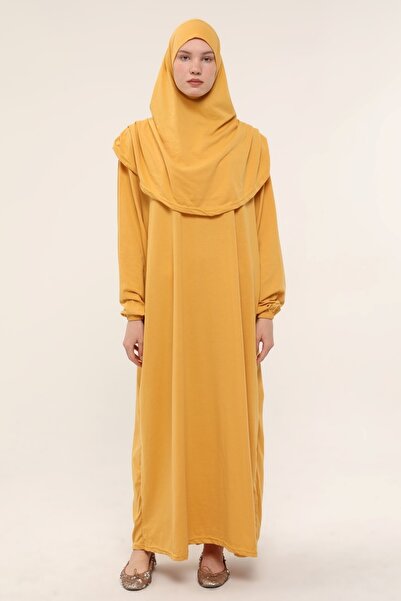 Sarşal Tek Parça Namaz Elbisesi Selimiye Sarısı | Boydan Giymeli Baş Örtülü