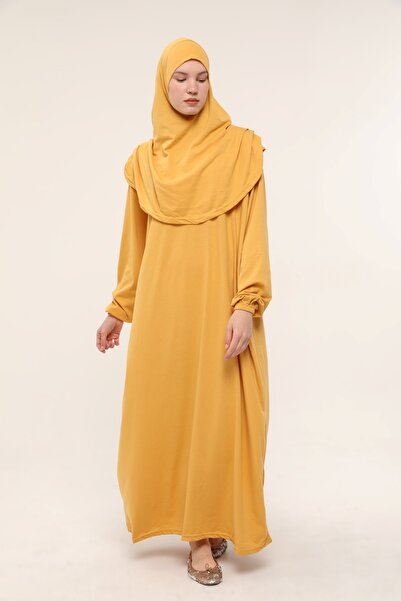 Sarşal Tek Parça Namaz Elbisesi Selimiye Sarısı | Boydan Giymeli Baş Örtülü