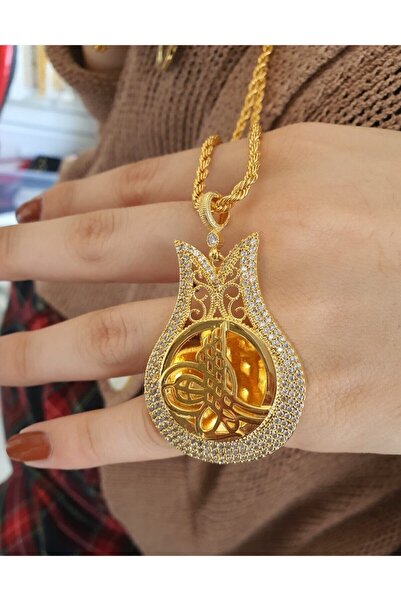 BARIŞ TAKI 22 Ayar Altın Kaplama Zirkon Taşlı Tuğralı Kolye