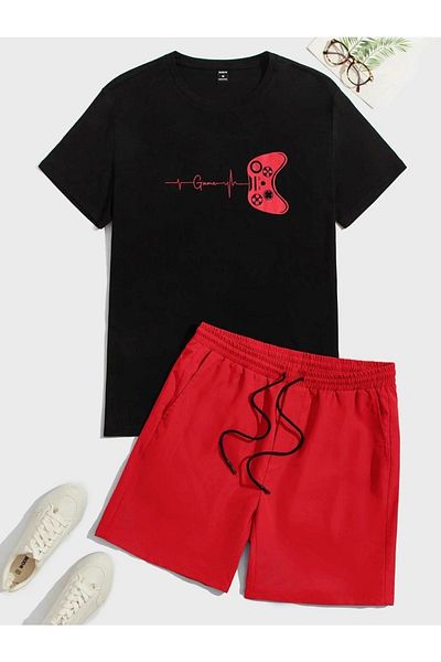Black Sokak Blacksokak Men's Red Gamepad Printed Shorts Set