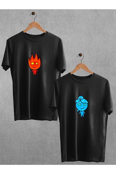Pear Wear - Fire And Water Printed Couple T-shirt Μαύρο Oversize Lover T-shirt