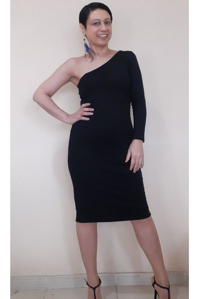 Mertcan Butik Black One Shoulder Open Single Sleeve Below the Knee Combed Cotton Viscose Pencil Dress