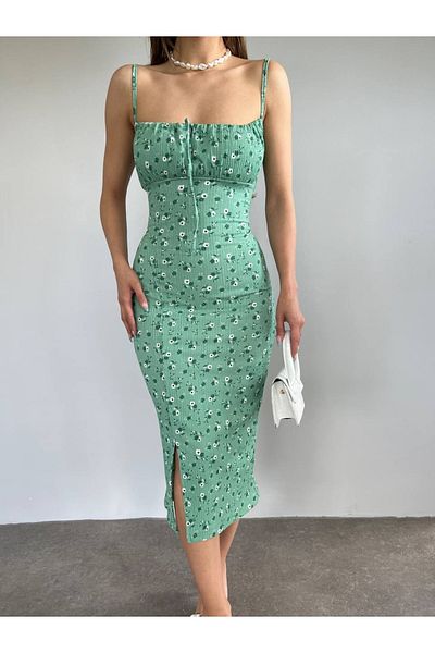 Fav Style Γυναικείο μίντι φόρεμα με λεπτή γραβάτα μπροστά με λεπτομέρεια με σχισμή πράσινο