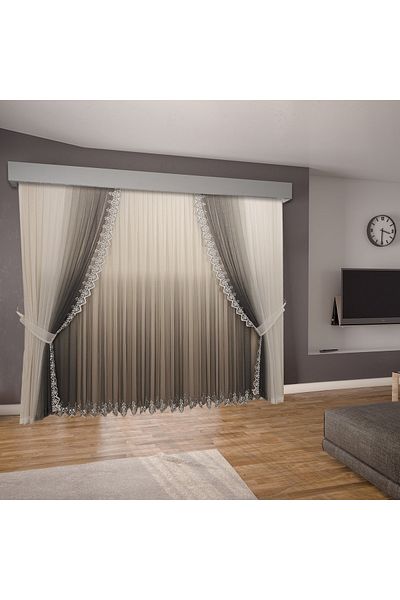 perhal perde ve halı Gradient Color Gradient 1-2 Sparse Pleats Grecian Tulle Curtain 2 Pieces Background + Inner Tulle Set
