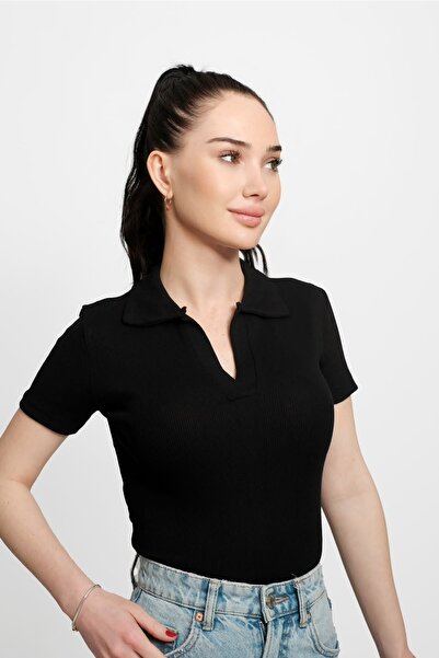 ebru fashion Kadın Siyah Polo Yaka Likralı Kaşkorse Bluz