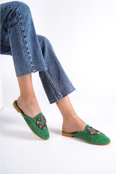 BAKGİY Green Lace Women's Lacy Colorful Stone Slippers Bg1163-122-0002