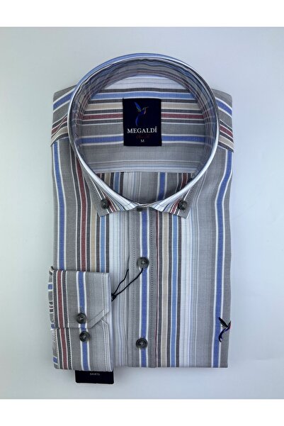 MEGALDİ Erkek Slim Fit Şamreli Antresit Çizgili Uzun Kollu Gömlek
