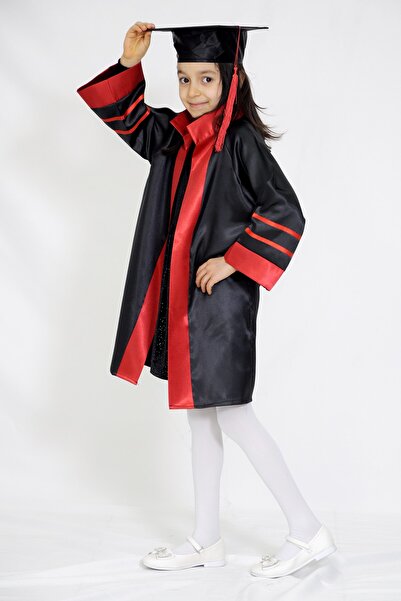 Mezuniyetshop Mezuniyet Cübbesi Anaokulu Siyah Kırmızı Şeritli